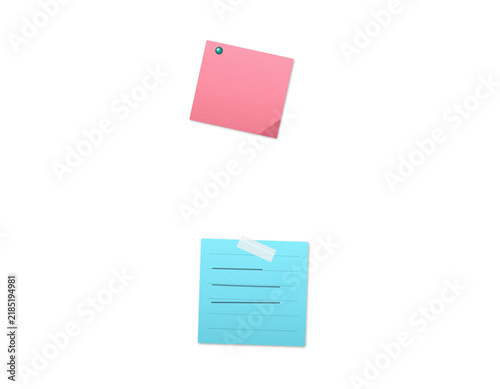 Obraz na plátně Square adhesive paper notes with pushpin and tape in pink and blue for office reminders and task tracking