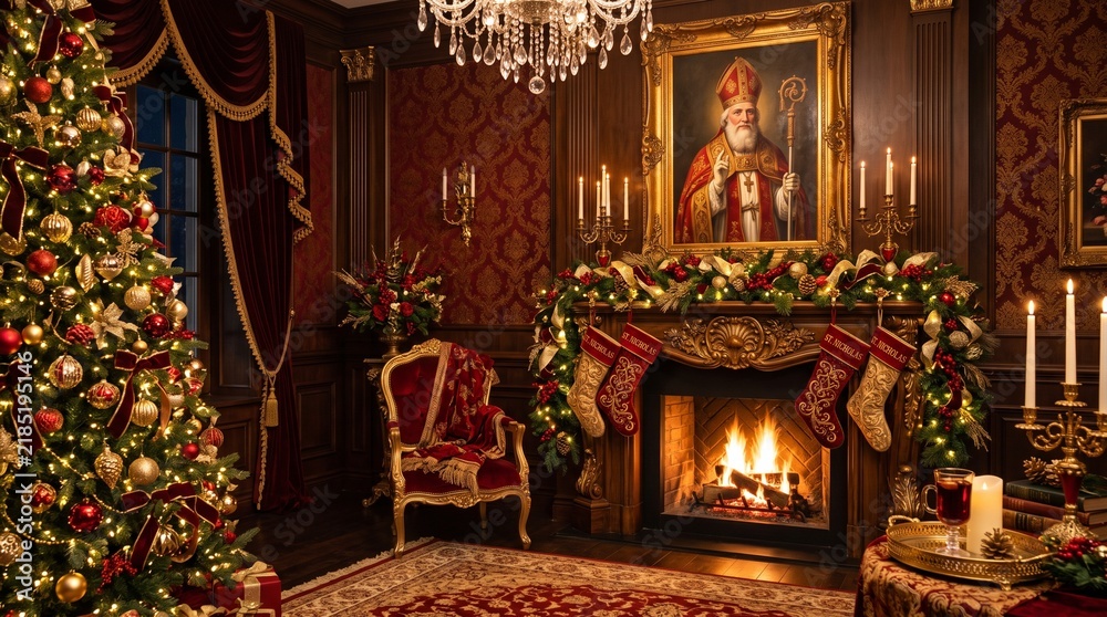Fototapeta premium Luxury red-and-gold St. Nicholas holiday background
