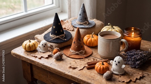 Three miniature felt witch hats displayed on a rustic wooden table with seasonal autumn decor with alongside small pumpkins pumpkins knitted ghosts