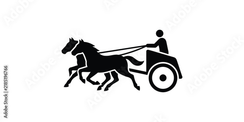 Black silhouette of two horses pulling a chariot with a driver.