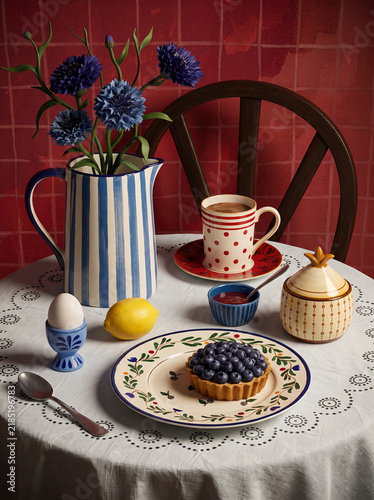 Still life with plates of food on tablecloth, top view, realistic watercolor painting.