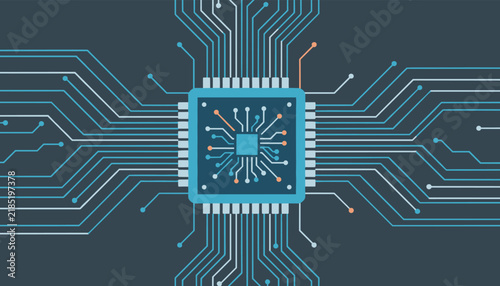 Digital illustration of a central processing unit chip connected to a complex network of glowing circuit board lines on a dark background.