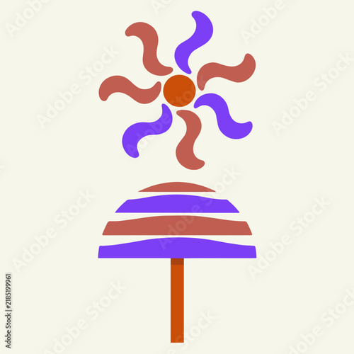 Flat vector illustration of stylized beach umbrella and abstract sun in warm tones — elegant mid-century modern graphic resource for summer vacation travel branding and poster