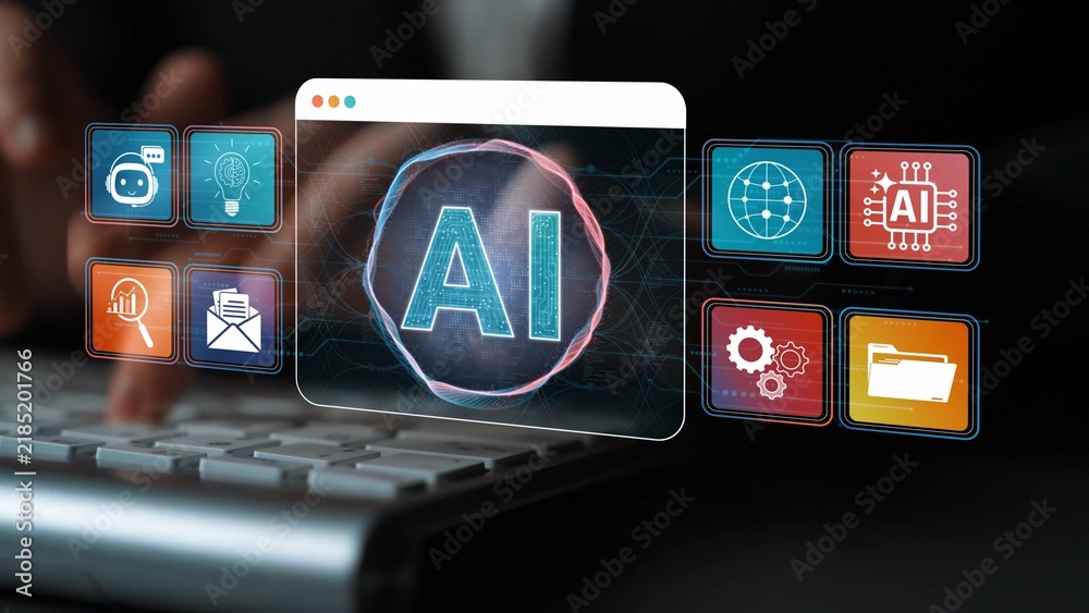Obraz premium Futuristic Technology Concept with AI Interface Display and Digital Icons for Innovation and Data Processing in Modern Computing Environments Sigmoid