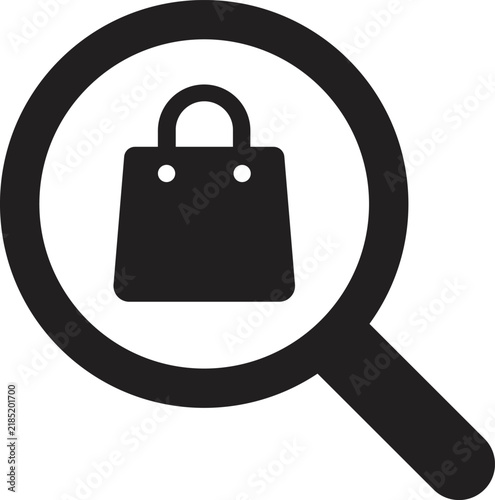Magnifying glass focusing on a handbag icon representing shopping and security