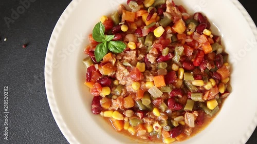 Mexican Fish Salad red beans, corn, green beans, carrots, and bell peppers delicious snack gourmet dish table setting rustic dish top view copy space keto or paleo diets vegetarian food