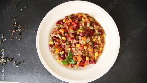 Mexican Fish Salad red beans, corn, green beans, carrots, and bell peppers delicious snack gourmet dish table setting rustic dish top view copy space keto or paleo diets vegetarian food