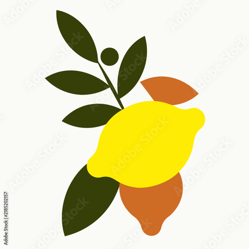 Mid-century modern vector illustration of lemon and olive branch in paper cutout style — warm flat design art print for mediterranean summer kitchen decor and wall art template