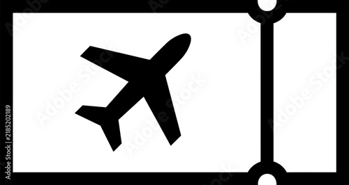 Simple black and white line art illustration of an airline ticket with a plane