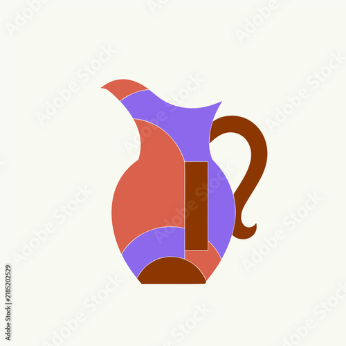 Flat vector artwork of ceramic pitcher with abstract patterns in terracotta and lavender — stylish mid-century modern graphic resource for coastal lifestyle home decor and poster