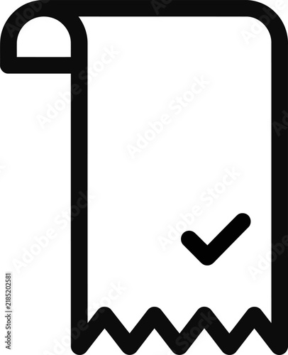 Simple black and white line art illustration of a paper receipt with a checkmark