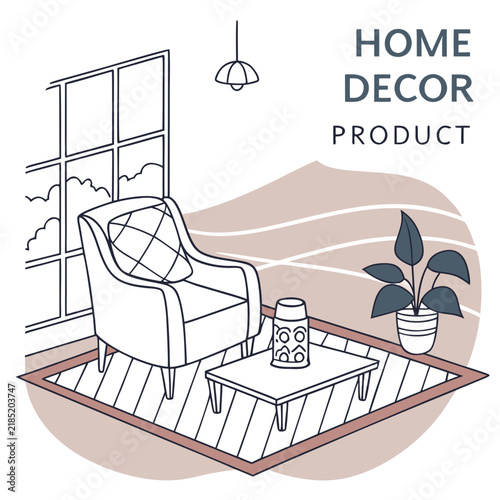Obraz na plátne Cozy modern living room with armchair, coffee table, and decorative plant