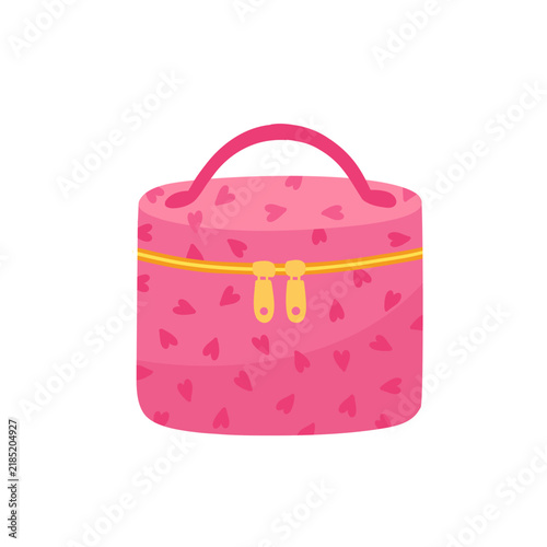 Pink toiletries bag decorated with hearts