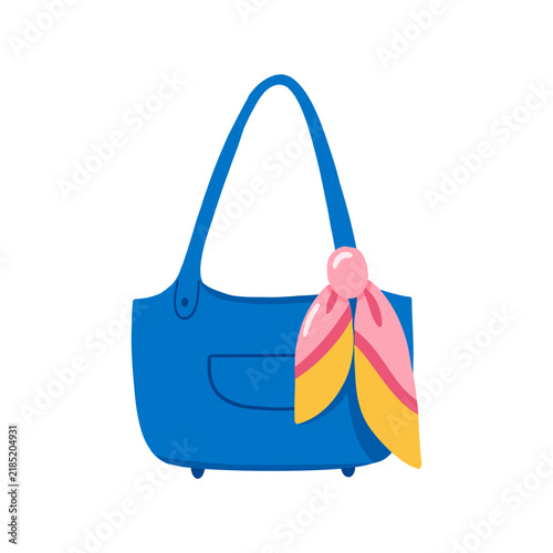 Blue handbag decorated with a silk scarf