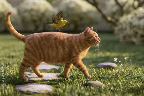 Ginger cat walking in a garden with a yellow bird flying above