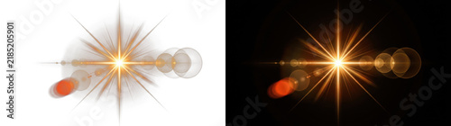 Golden lens flare effect with light streaks isolated on transparent background
