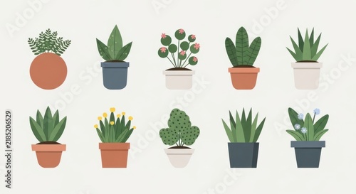 Collection of illustrated house plants in pots on neutral background