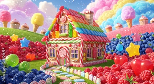 Colorful candy house in a whimsical sweet landscape with playful elements