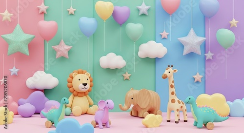 Colorful cartoon animals with balloons and stars against a pastel background