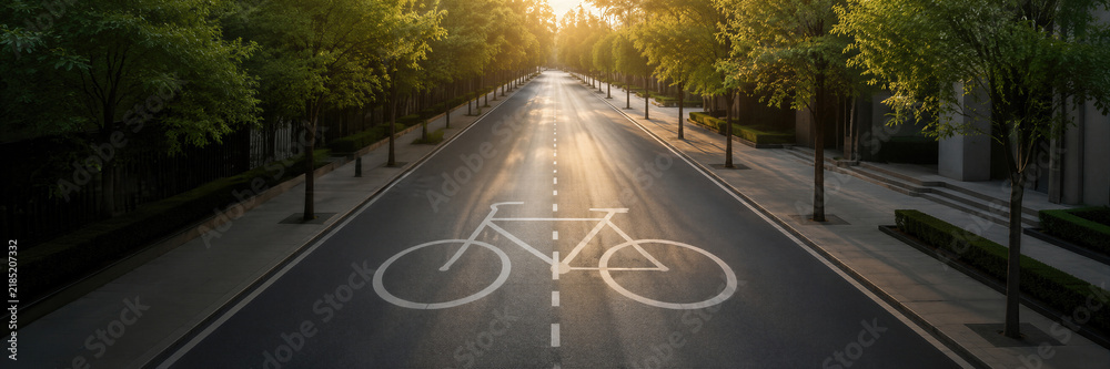 Obraz premium Empty city road with painted bicycle symbol at sunset. Car free street lined with green trees. Eco transport and sustainable urban mobility concept for World Car free Day. Banner with copy space