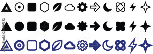 Universal Geometric Icon Set with Abstract Symbols in Black and Blue