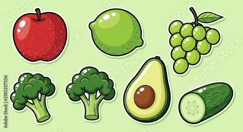 Colorful fruits and vegetables illustration isolated on a light green background