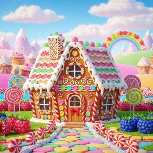 Colorful gingerbread house with candy decorations and rainbow arch
