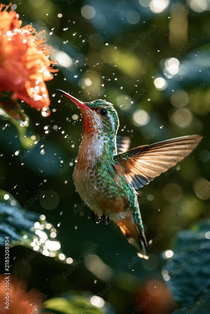 Fototapeta premium Hummingbird feeding near bright flowers in a garden during daylight