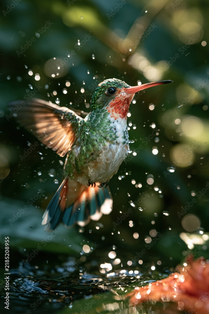 Fototapeta premium Hummingbird flying above water with droplets around in natural setting