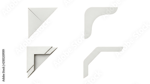 Four unique white paper corner design elements, abstract and isolated on transparent background.