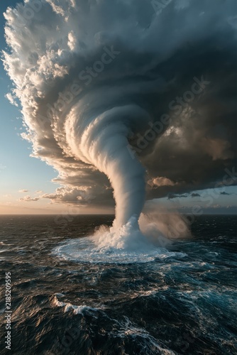 Obraz na płótnie Spinning waterspout forms over ocean with dark clouds in the background