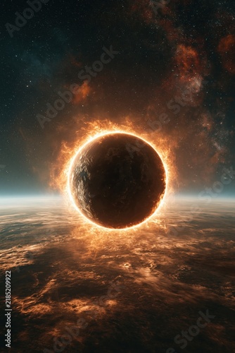 Bright sun rising behind dark planet in space above ocean surface