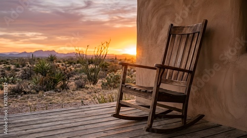 Wooden rocking chair resting on rustic porch facing desert sunset