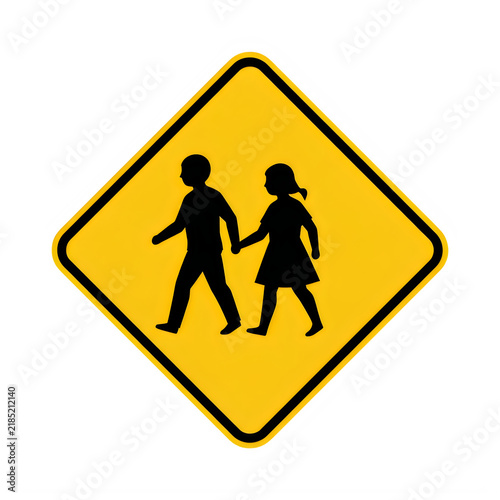 Yellow pedestrian crossing warning sign with children icons