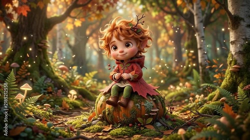 3D character animation of a cute little forest elf sitting on a pumpkin in a magical autumn woods