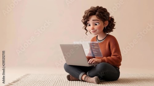 3D character animation of a young female programmer developer typing on laptop with hologram code screen