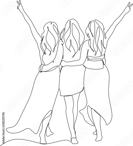 Abstract continuous one line drawing of three girlfriends posing from behind. Simple black outline vector graphic for bachelorette party, summer vacation and women's community banner.