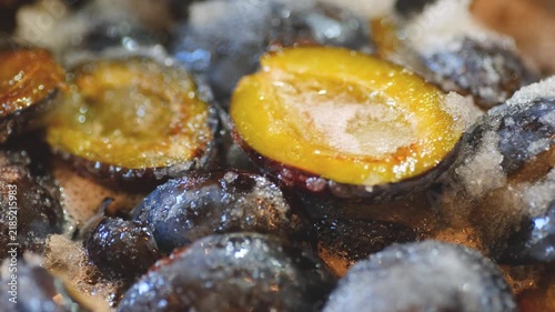 Plums Boiling with Sugar in Pot Cooking Homemade Plum Jam