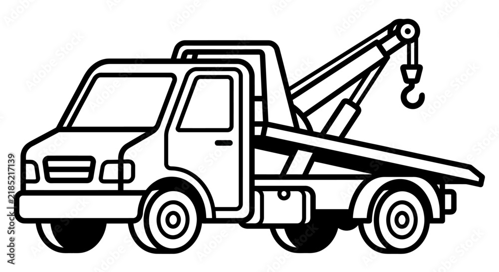 Fototapeta premium Sleek Black and White Line Art Tow Truck with Extended Boom and Hook for Vehicle Recovery with high quality professional line art symbols for modern creative design and digital branding projects