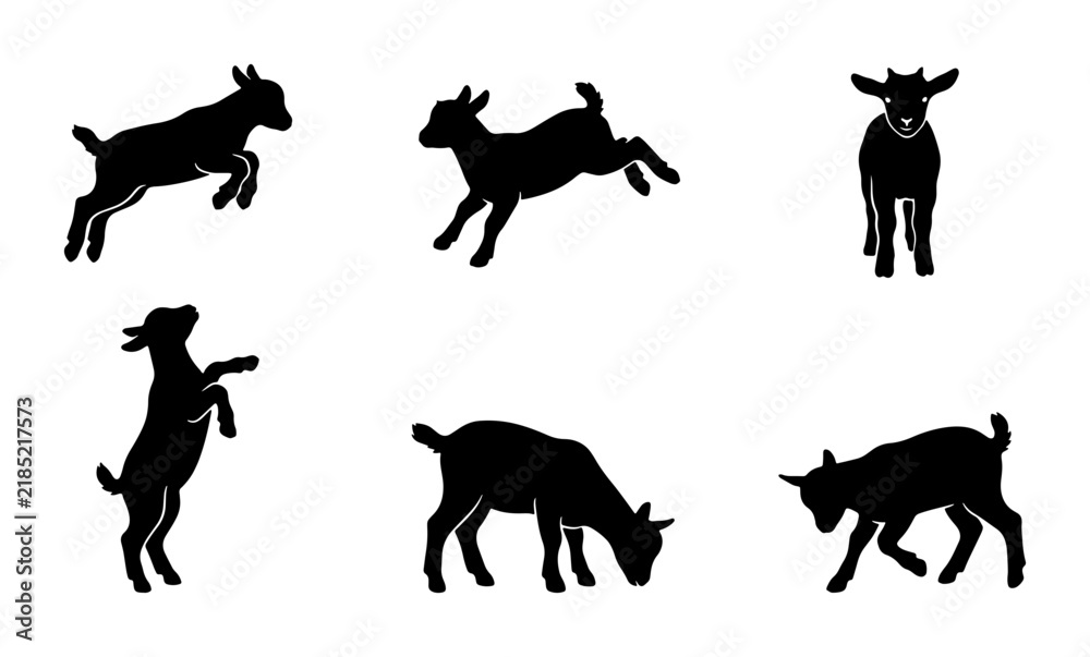 Fototapeta premium Goat Silhouettes, Farm Animal Poses Vector Set, Livestock Icons for Agriculture and Nature