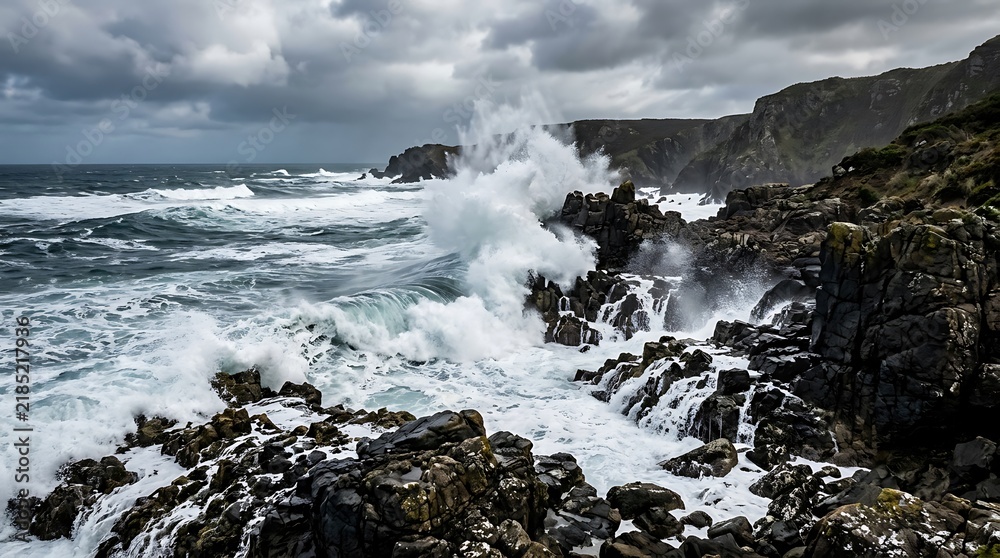 Fototapeta premium Powerful ocean waves crashing against rocky coastline.