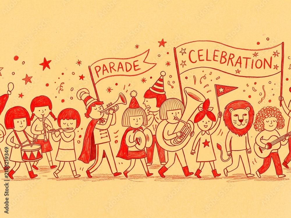 Fototapeta premium Whimsical Hand-Drawn Children's Parade Celebration Illustration