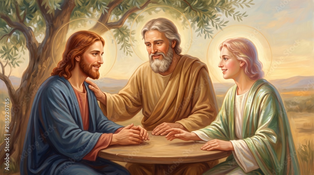 Fototapeta premium Jesus Christ with holy family sitting at wooden table under olive tree. Biblical scene of faith, love and conversation. Christian religious art painting for church, prayer and catholic illustration.
