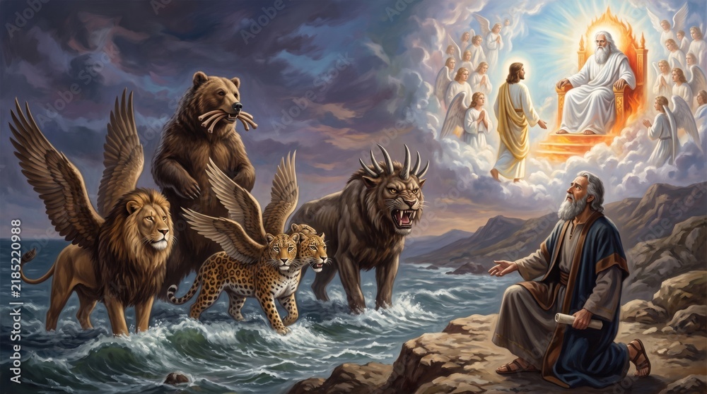 Fototapeta premium Prophet Daniel having apocalyptic vision of four beasts rising from sea. Winged lion, bear, leopard and terrible beast with horns. God on throne in heaven with angels and Jesus