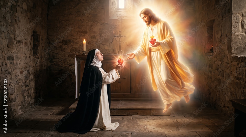 Fototapeta premium Jesus Christ appearing to kneeling nun in old chapel and giving her sacred heart. Apparition of Christ with glowing heart. Catholic faith, prayer and divine miracle concept for religious illustration