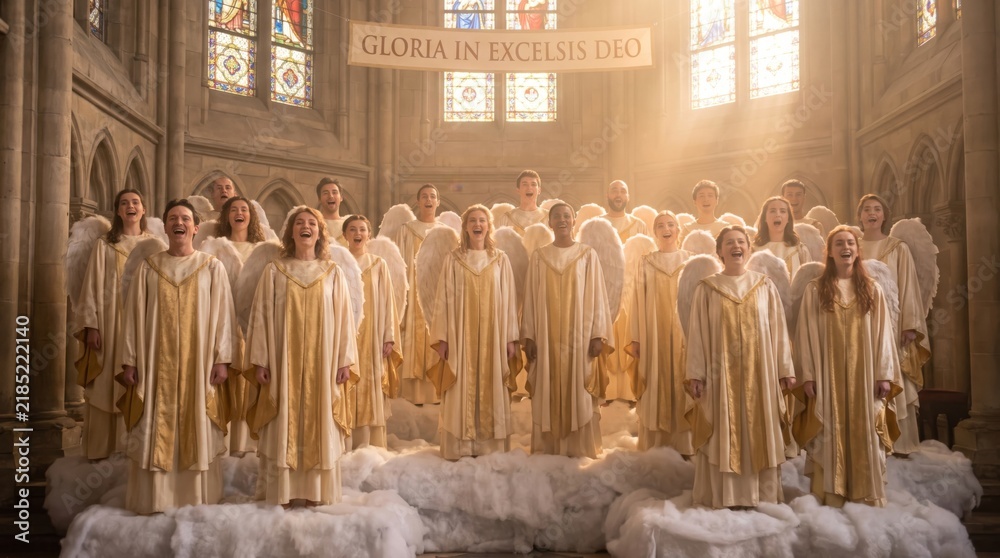 Fototapeta premium Choir of angels singing gloria in excelsis deo in gothic cathedral. Men and women in white robes with wings praising god on clouds. Christmas celebration and catholic faith concept