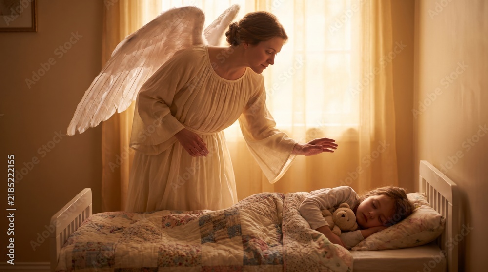 Fototapeta premium Guardian angel woman with wings watching over sleeping child girl in bed. Heavenly protection and care concept. Religion, faith and spirituality. Divine love, comfort and blessing for peaceful sleep