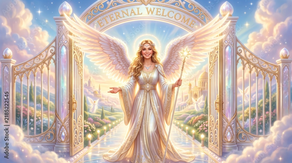 Fototapeta premium Gracious angelic figure with golden wings standing before the radiant gates of heaven. Ethereal paradise with celestial welcome arch and blooming gardens