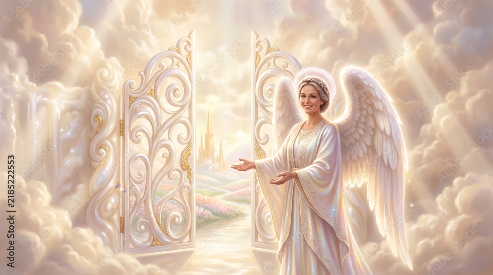 Fototapeta premium Woman angel with white wings opening pearly gates of heaven. Smiling angelic figure welcoming soul to paradise. Heavenly kingdom with light rays and