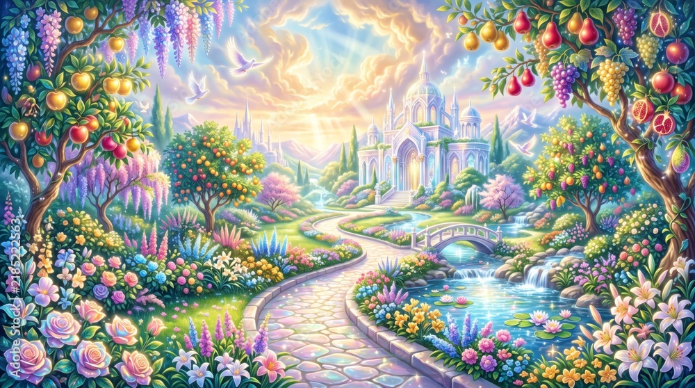 Fototapeta premium Heavenly garden of Eden with flowering trees fruit and white temple. Paradise landscape with river bridge doves and shining light. Biblical concept of heaven afterlife and divine